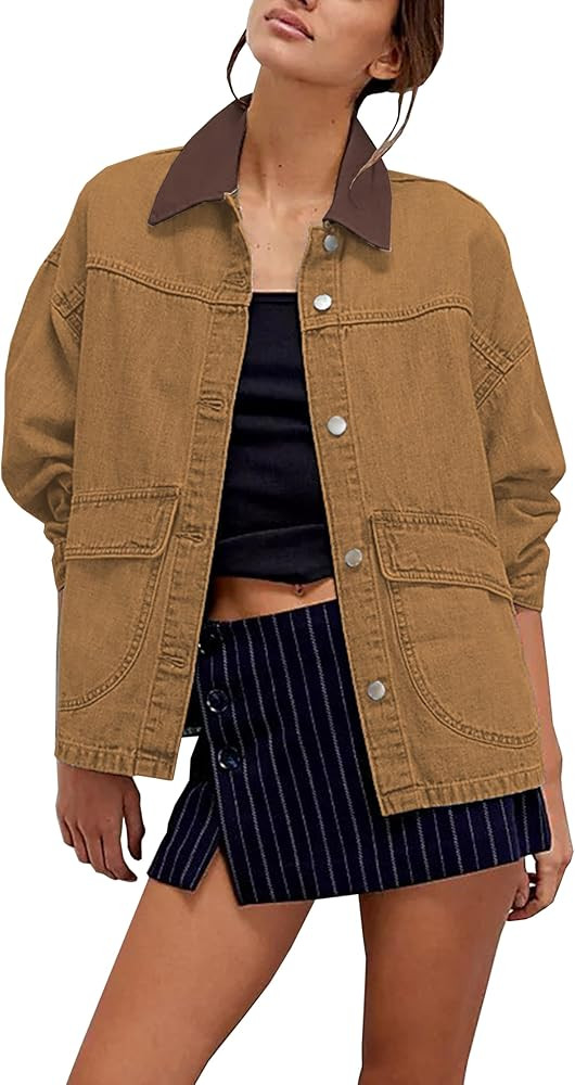 Lumister Women's Oversized Denim Jacket with Contrast Trim Long Sleeve Button Down Jean Coat with... | Amazon (US)
