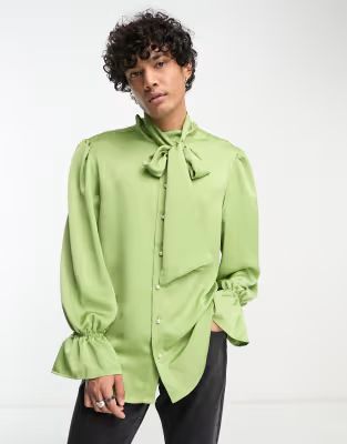 Sister Jane Unisex satin tie bow shirt in olive | ASOS (Global)