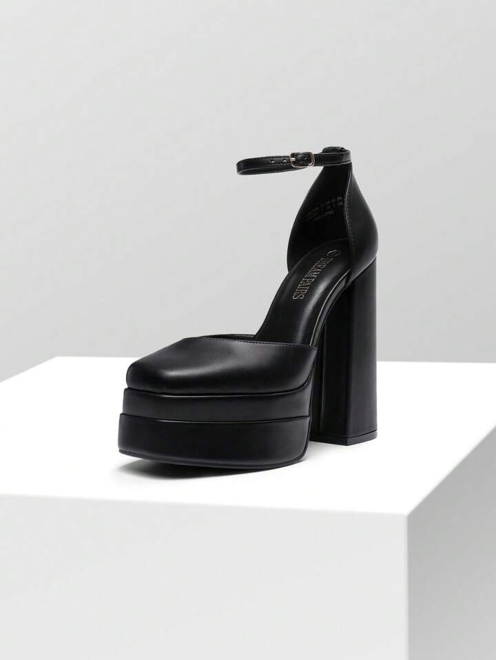 Women High Chunky Platform Closed Toe Block Heels Square Toe Ankle Strap Dress Valentine's Day We... | SHEIN