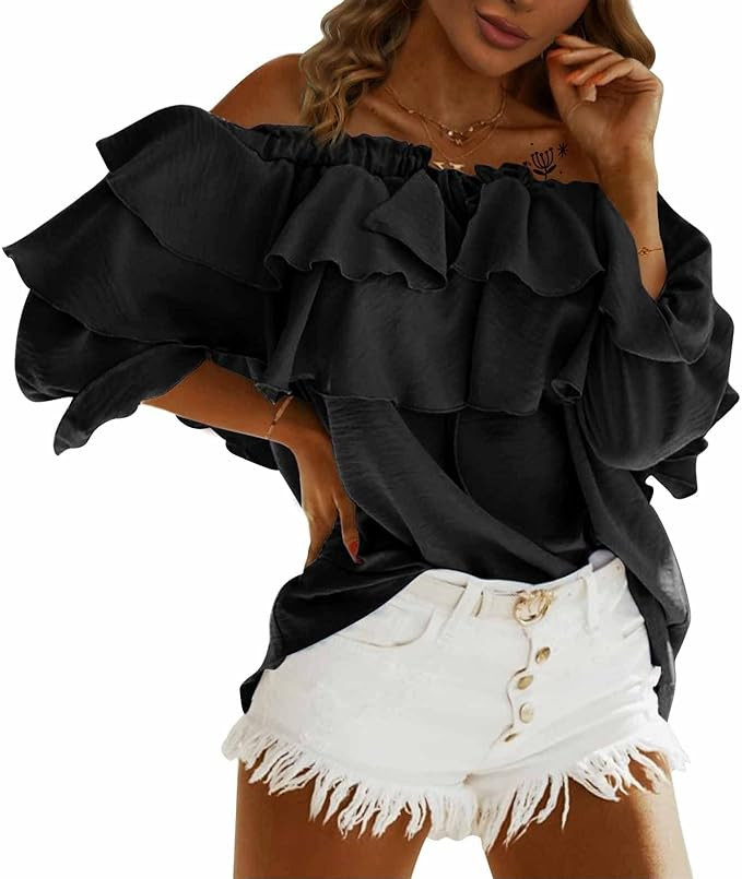 Women's Off Shoulder Ruffle Trendy Summer Fashion Long Sleeve Blouse Sexy Dressy Casual Outfits L... | Amazon (US)