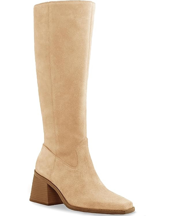 Coutgo Women's Knee High Boots Wide Calf Square Toe Chunky Heeled Pull-on Boot | Amazon (US)