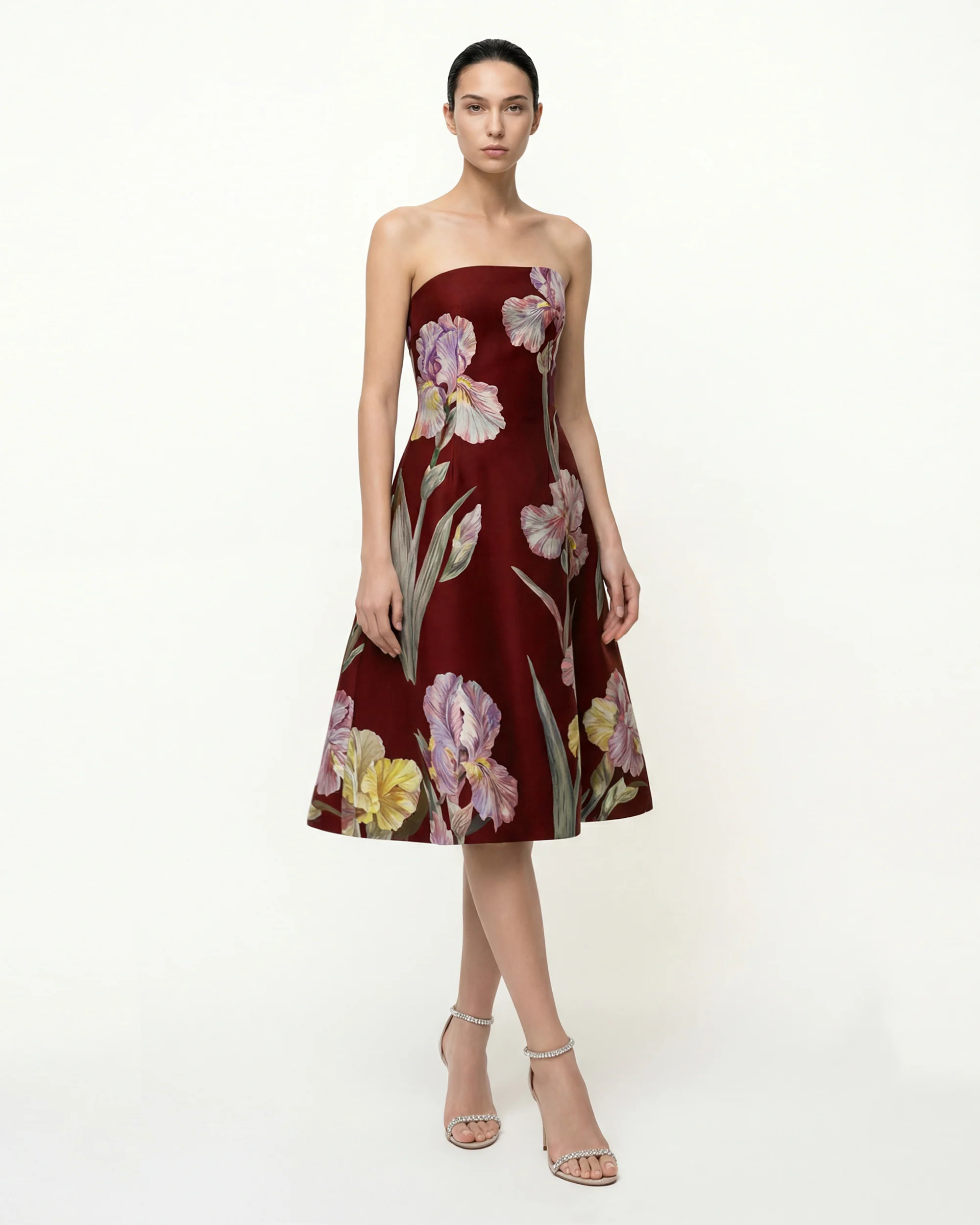 Iris Floral Print Strapless A-Line Dress - Burgundy | JW PEI US