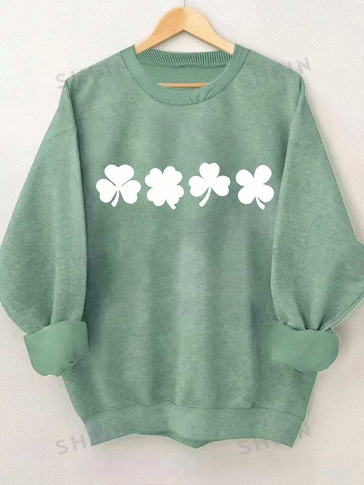 SHEIN LUNE Clover Graphic Round Neck Long Sleeve Sweatshirt, Suitable For St. Patrick's Day Leisu... | SHEIN