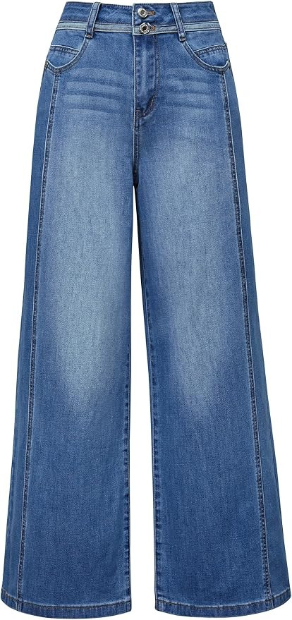 Arach&Cloz Women's Contrast Waistband Fall Business Casual Wide Leg Jeans | Stretchy Denim Contra... | Amazon (US)