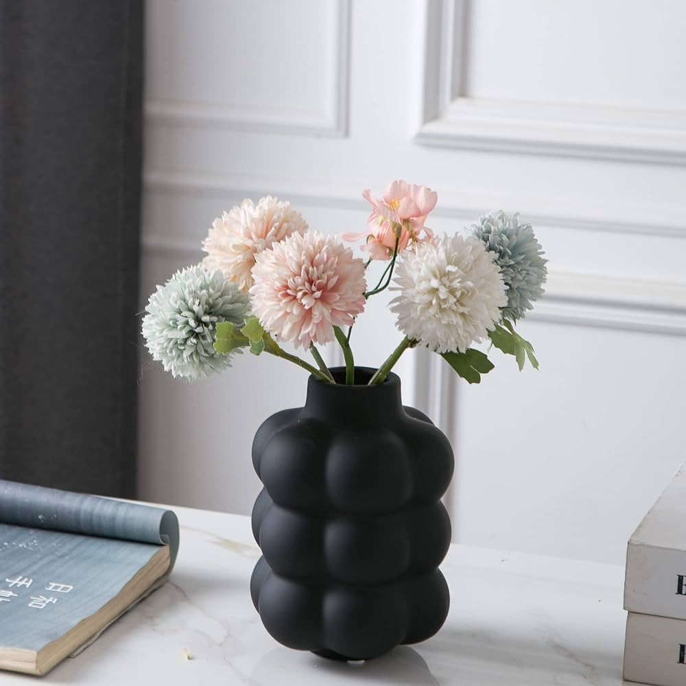 Mowtanco Black Ceramic Vase - Small Spherical Flower Vase for Centerpiece, Three Floors Design fo... | Amazon (US)