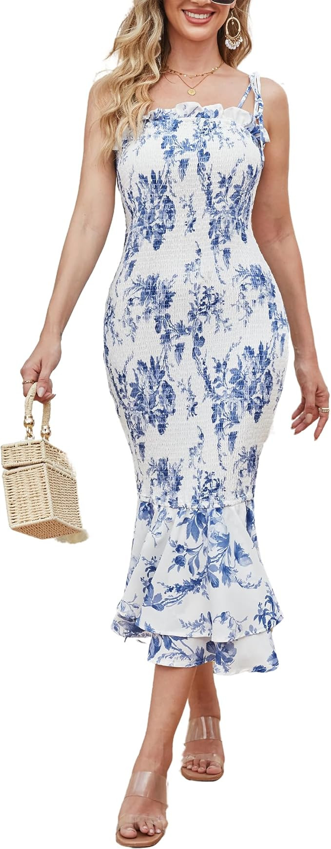 GRACE KARIN Women's 2024 Summer Floral Smocked Sundress Midi Bodycon Sleeveless Ruffle Hem Casual... | Amazon (US)