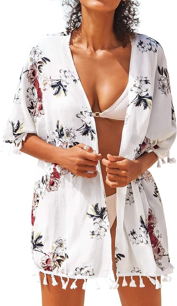 CUPSHE Women's Floral Cardigan Tassel Chiffon Beach Swimwear Cover Up | Amazon (US)