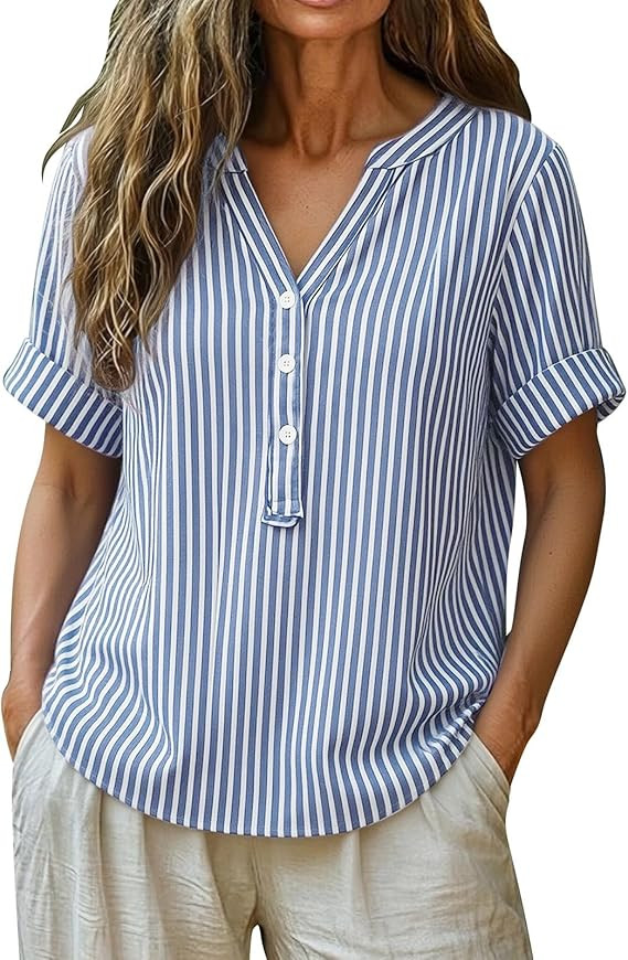 Lmdudan Plus Size Striped Blouses for Women Button Down V Neck Short Sleeve Shirts Summer Busines... | Amazon (US)