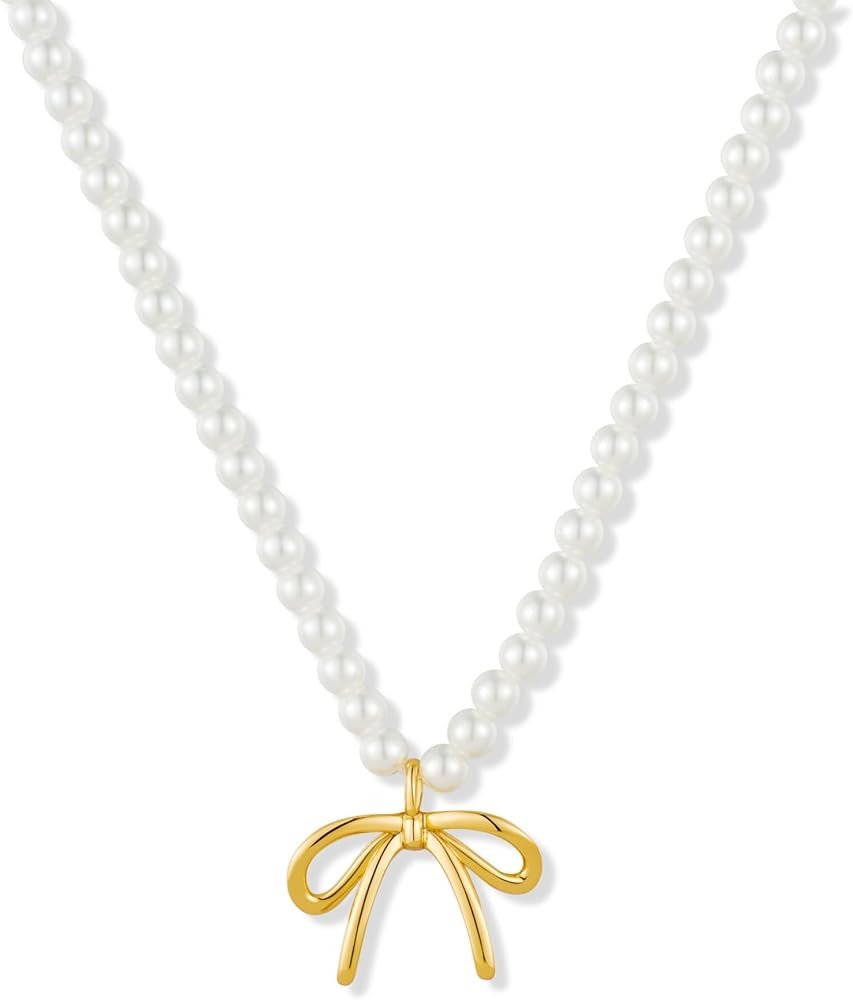 Gold Bow Necklace For Women Cute Puffy Bowknot Pendants With Snake/Pearl Chain Dainty Gold Statem... | Amazon (US)