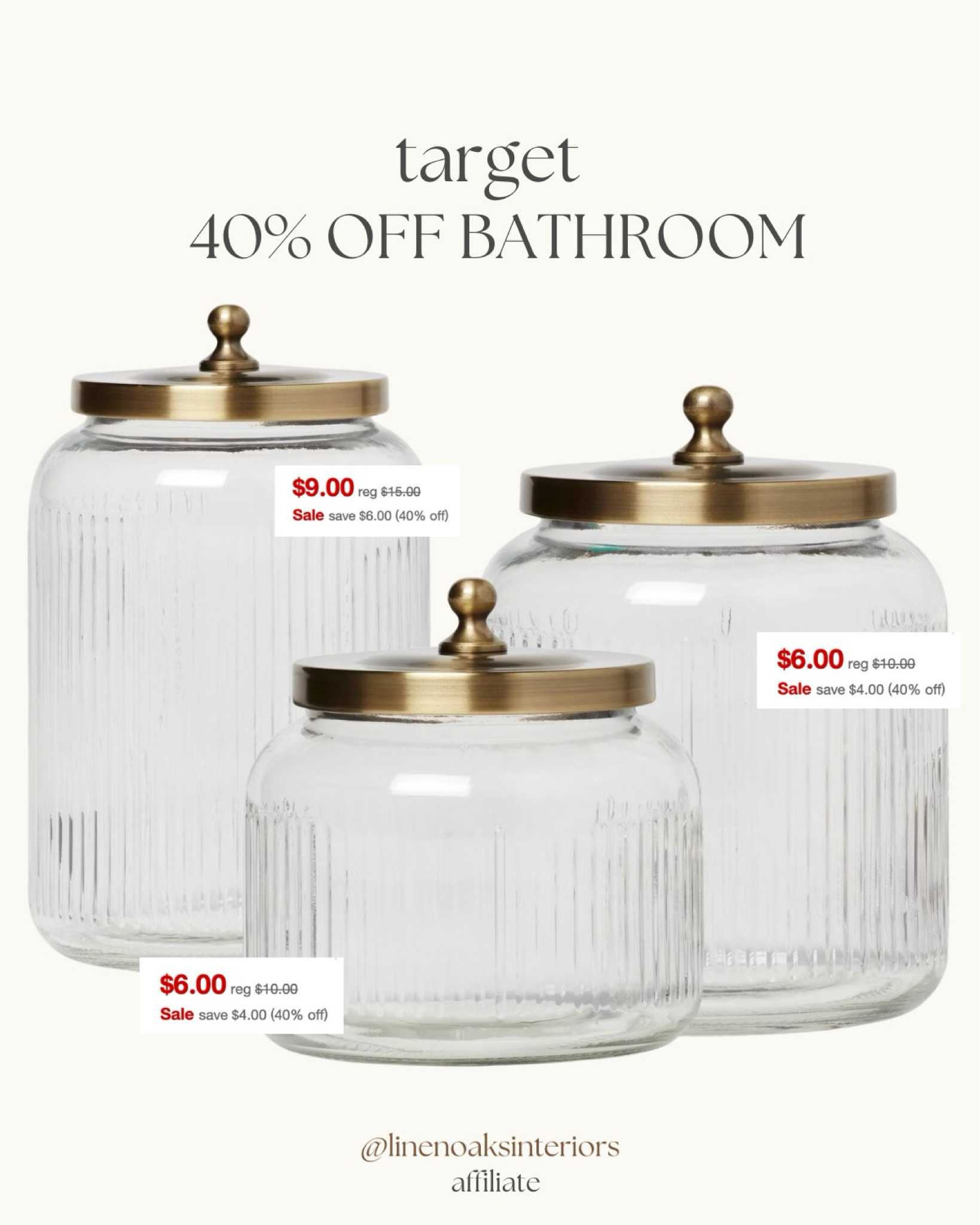 40% off these beautiful glass and brass canisters!! These can be used anywhere in the home!!

Bathroom sale decor glass apothecary home 
