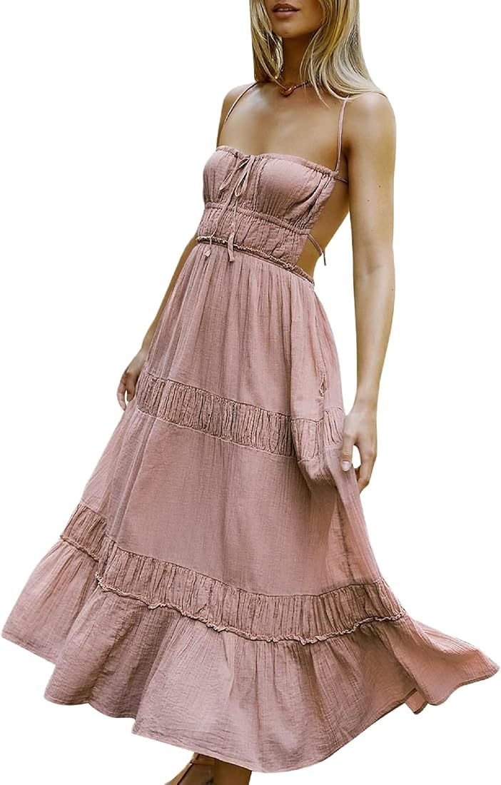 Women Backless Maxi Flowy Dress Spaghetti Strap Low Cut Tiered Dress Sexy Ruffle Party Beach Long Su | Amazon (US)