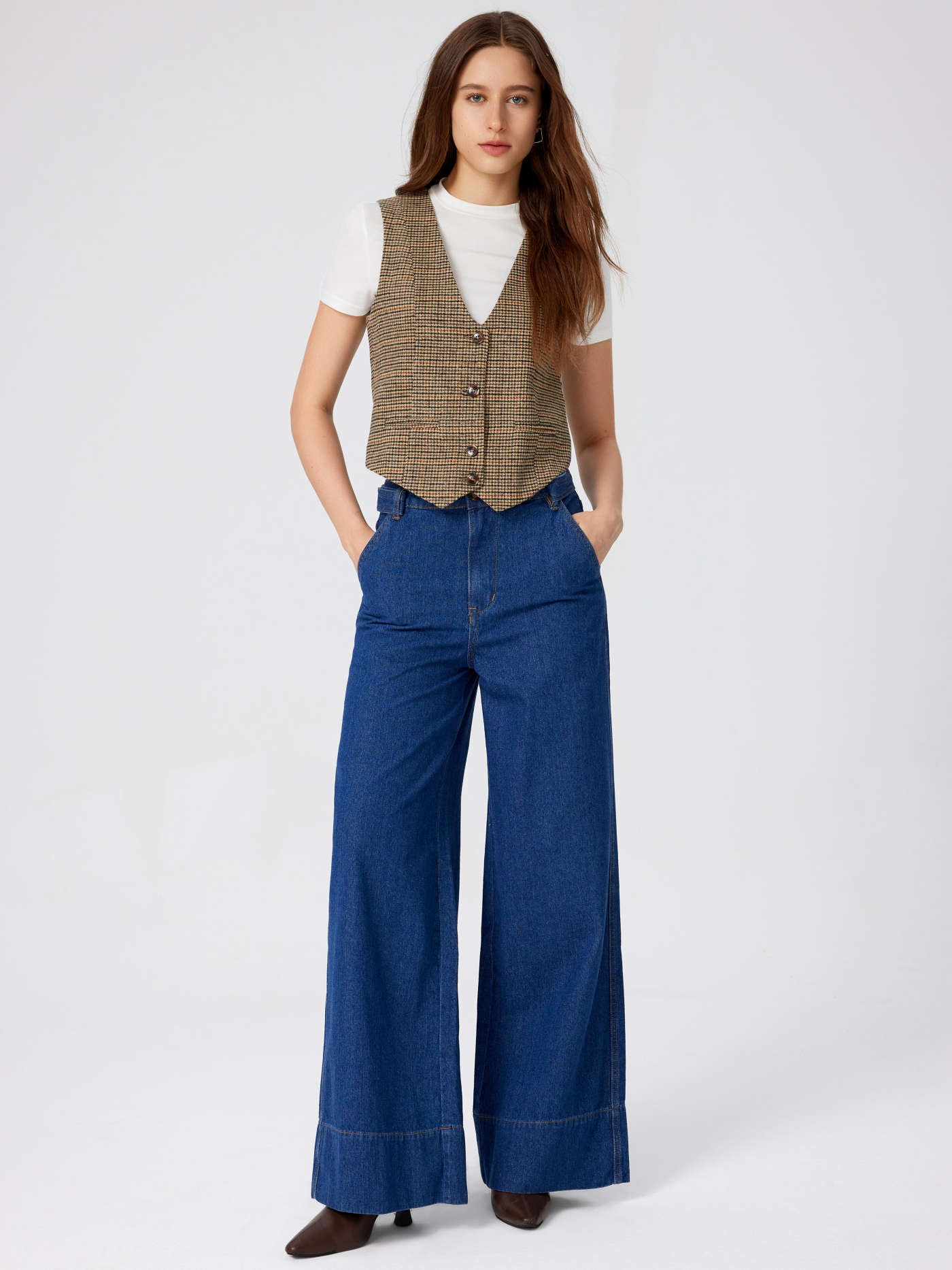 V-neck Check Button Blazer Vest | Cider