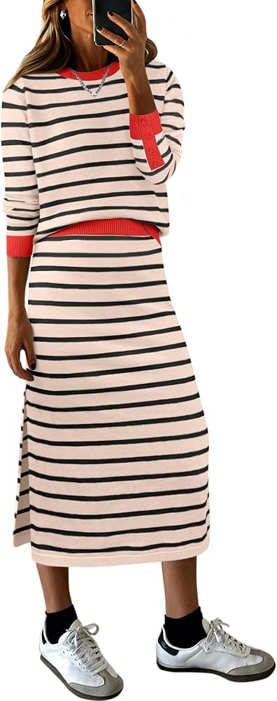 ANRABESS 2 Piece Skirts Sets For Women Fall Fashion 2025 Striped Sweater Midi Dress Knit Lounge T... | Amazon (US)