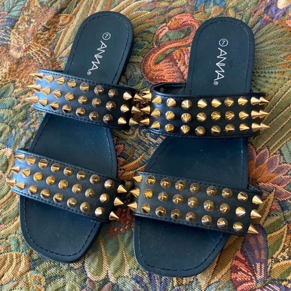 ANNA Black Spiky Studded Flat Sandals | Poshmark