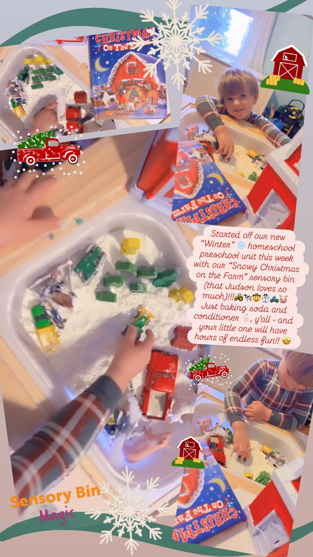 Started off our new “Winter” ❄️ homeschool preschool unit this week with our “Snowy Christmas on the Farm” sensory bin (that Judson loves so much)!!!🚜🐄🤠☃️🛻🐷 
Just baking soda and conditioner 🧴, y’all - and your little one will have hours of endless fun!! 🤩 

#LTKmomlife #LTKHoliday