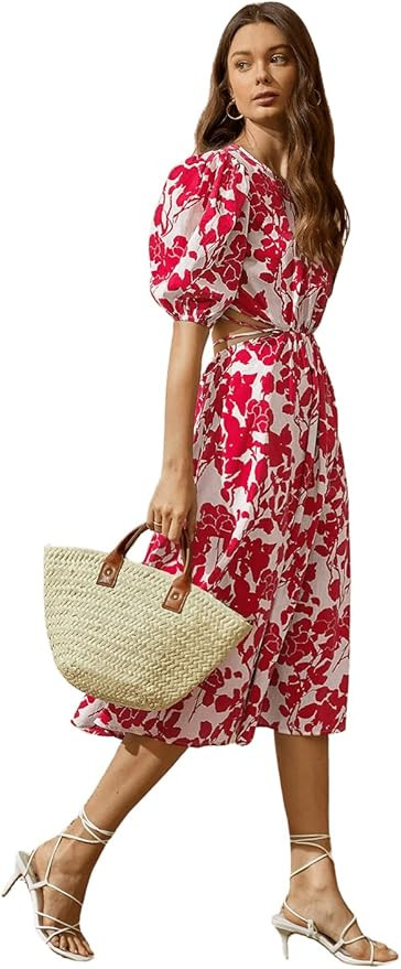 SweatyRocks Women's Boho Floral Puff Sleeve Cut Out Dress Tie Back A Line Midi Dresses | Amazon (US)