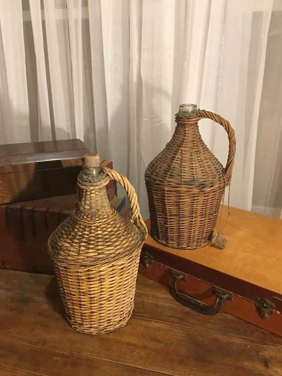 TWO Antique French Demijohn Wicker Wine Bottles with Stoppers | Etsy (US)