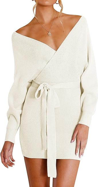 ZESICA Women's Long Batwing Sleeve Wrap V Neck Knitted Backless Bodycon Pullover Sweater Dress wi... | Amazon (US)