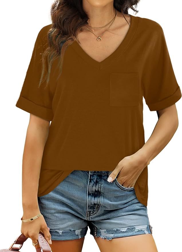 Bofell Womens V Neck Rolled Short Sleeve T Shirts Casual Summer Tops Tshirts with Pocket | Amazon (US)
