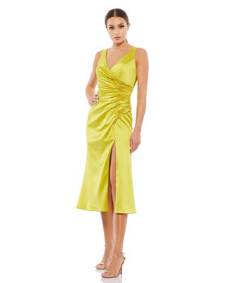 Mac Duggal Women's Ieena Satin Ruched V Neck Faux Wrap Midi Dress - Macy's | Macy's