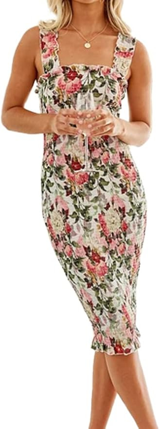 DEEP SELF Women Sexy Elastic Shirred Sleeveless Bodycon Midi Dress Summer Backless Strap Ruffled ... | Amazon (US)