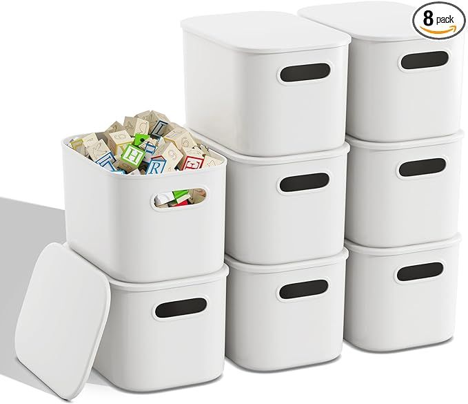 8 Packs Plastic Storage bins with Lid White Storage Containers with Lids Stackable Containers for... | Amazon (US)