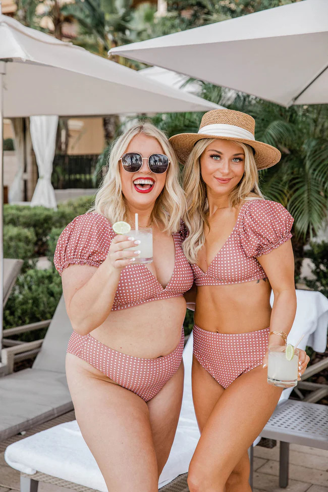 Go With The Flow Terracotta Polka Dot Puff Sleeve Bikini Top | The Pink Lily Boutique