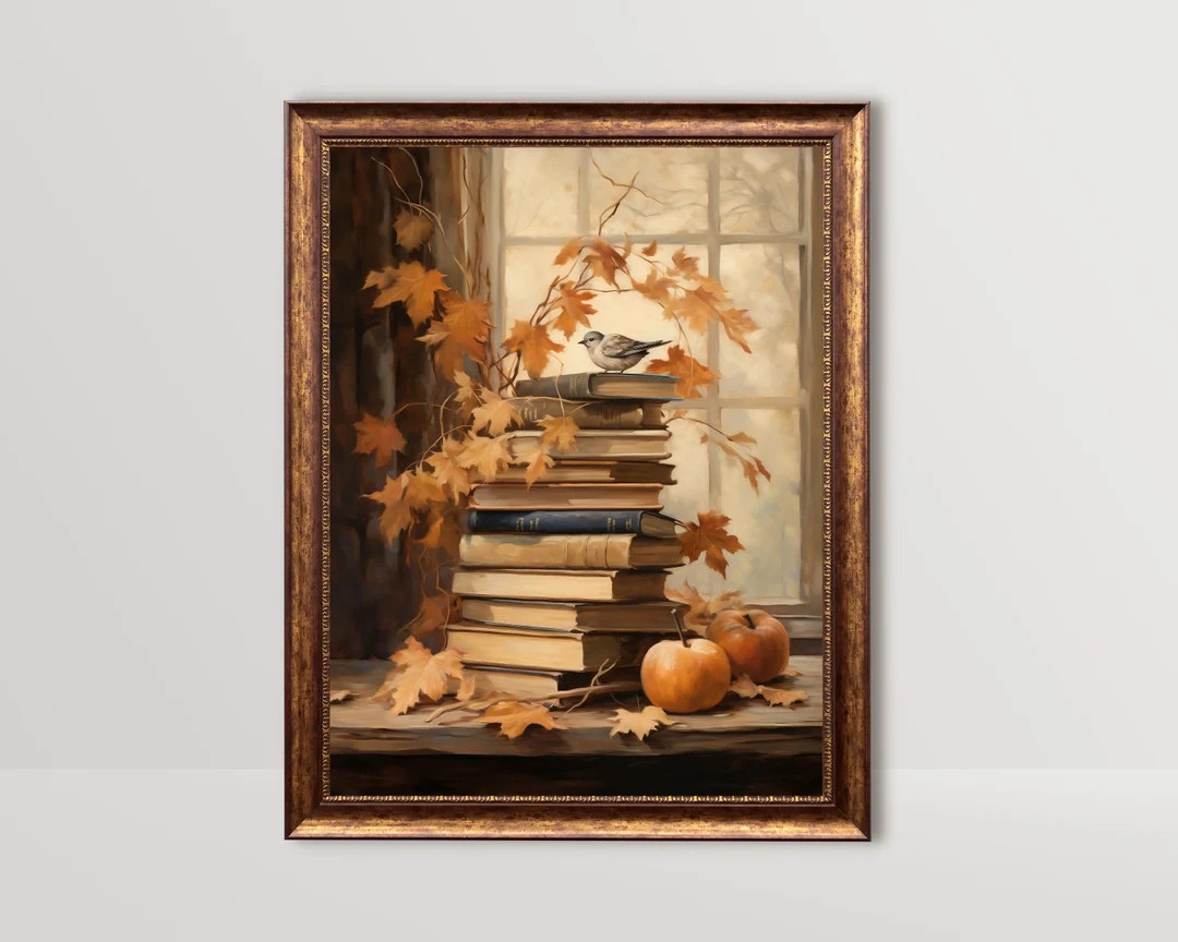 Books by Autumn Window Rustic Fall Decor, Cottagecore Farmhouse Wall Art, Vintage Country Bird Oi... | Etsy (US)