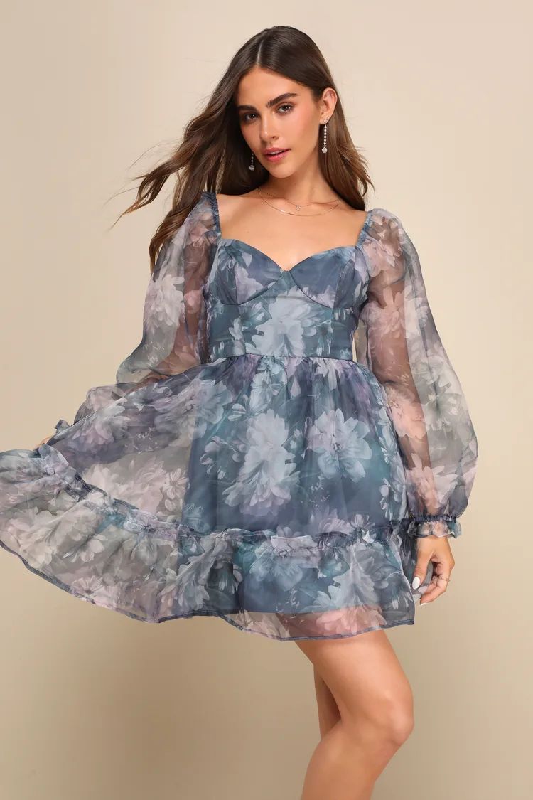 Darling Fantasy Blue Floral Organza Balloon Sleeve Mini Dress | Lulus