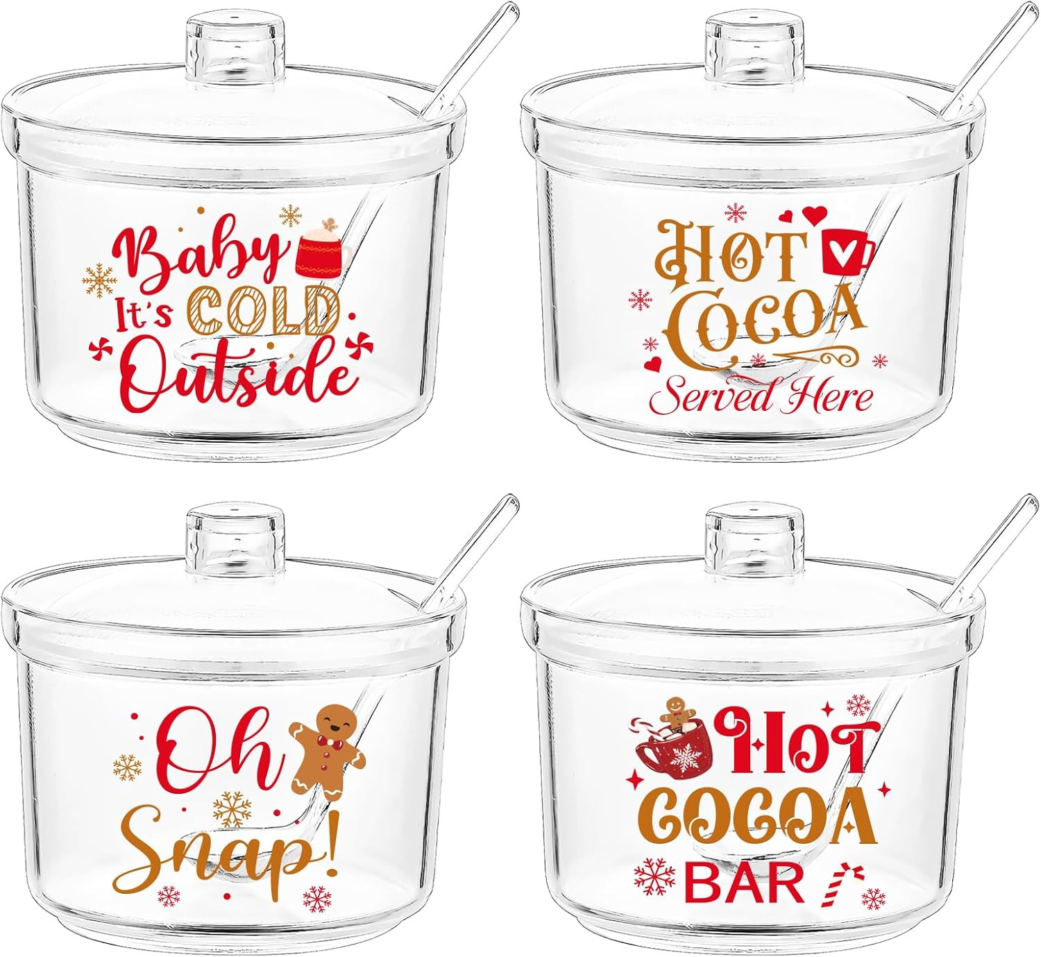 4 PCS Hot Cocoa Bar Accessories Hot Chocolate Bar Containers Acrylic Christmas Sugar Bowl with Li... | Amazon (US)