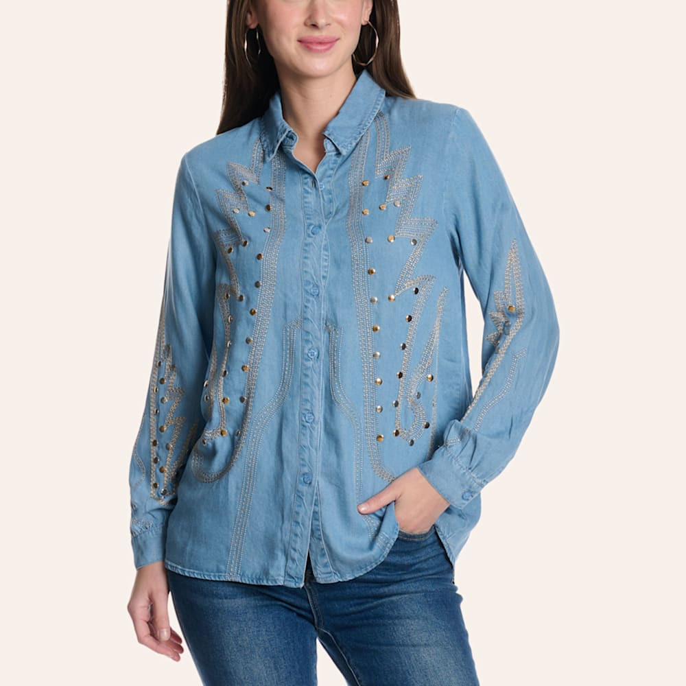 Blue B Women's Blue Chambray Boot Stitched Gold Stud Long Sleeve Shirt | Cavender's