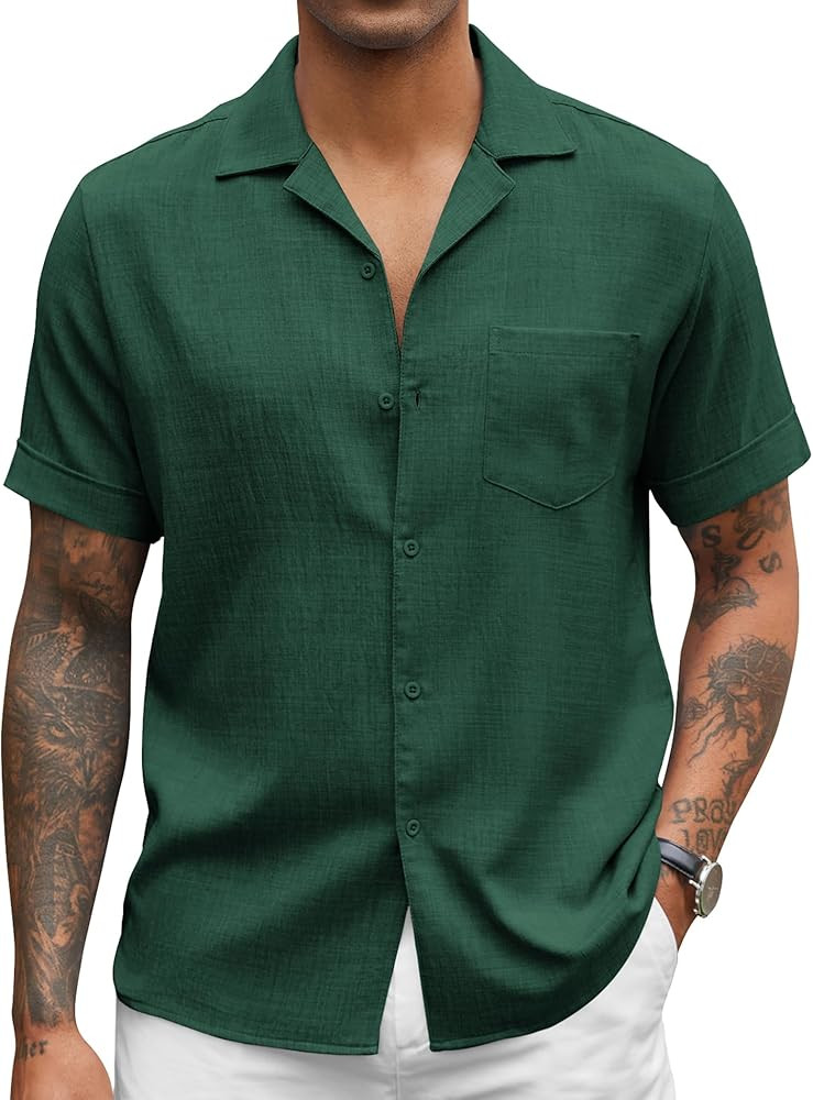 COOFANDY Mens Casual Short Sleeve Button Down Shirts Cuban Linen Textured Shirt Summer Beach Wear | Amazon (US)