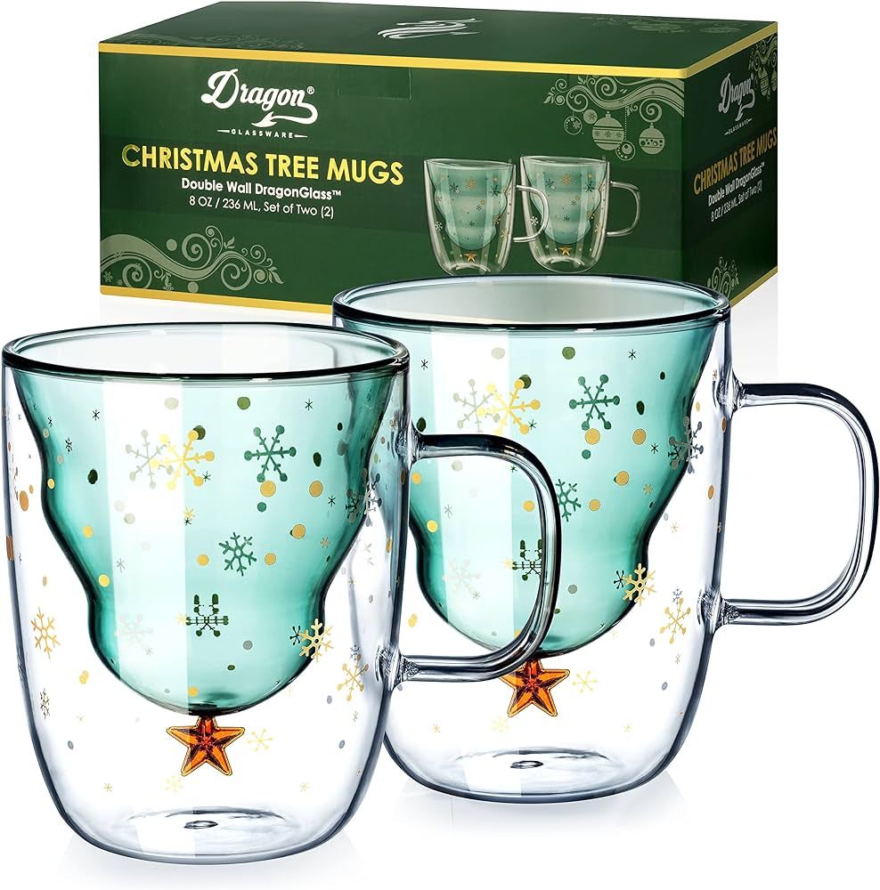 Dragon Glassware Glass Coffee Mugs, Christmas Tree Double Wall Insulated Cups, Keeps Beverages Ho... | Amazon (US)