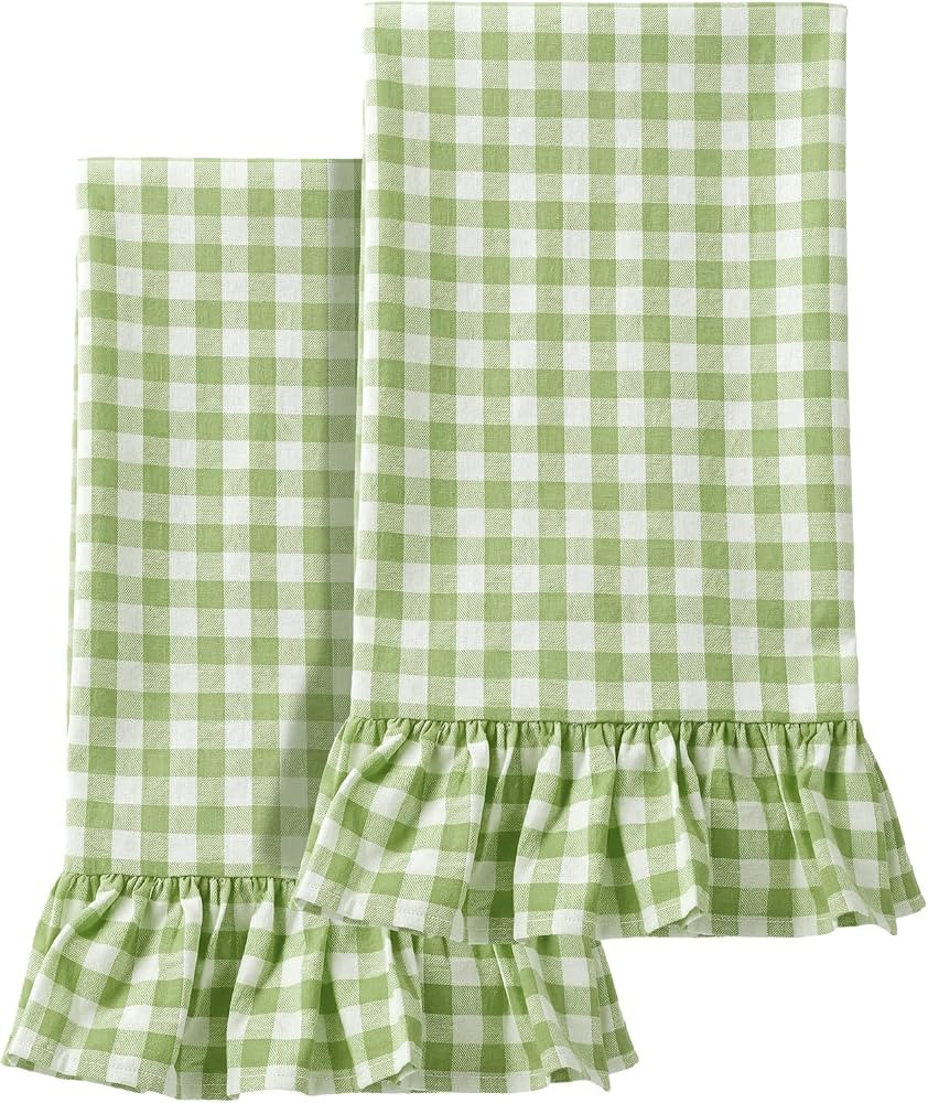 HunnmingRe Mint Green Kitchen Towels Set of 2, 100% Cotton Ruffled Gingham Dish Towels 18"x28" Te... | Amazon (US)