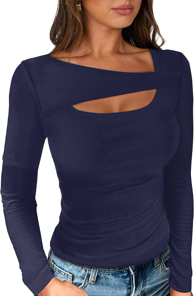ANRABESS Womens Cutout Tops Trendy Sexy Long Sleeve Shirts Ribbed Slim Fit Tee 2025 Fall Fashion ... | Amazon (US)