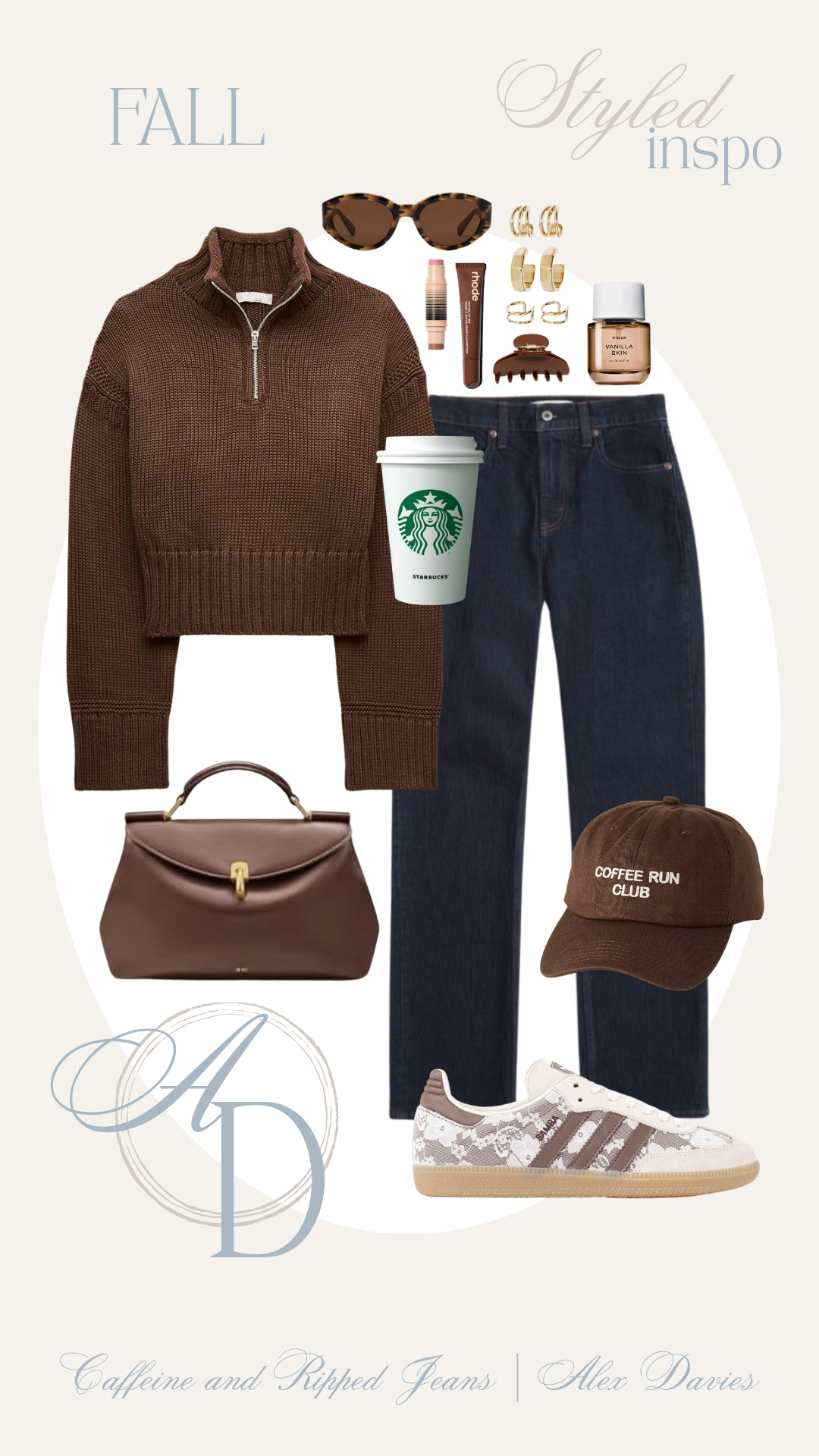 // tiny rollneck // rollneck sweater // tiny rollneck quarter zip sweater // coffee run club hat // lace and brown sambas // cute sambas for fall // brown claw clip // sunglasses // dibs beauty duo stick // gold earrings // brown bag // 

 #LTKgrwm #LTKootd #LTKSeasonal