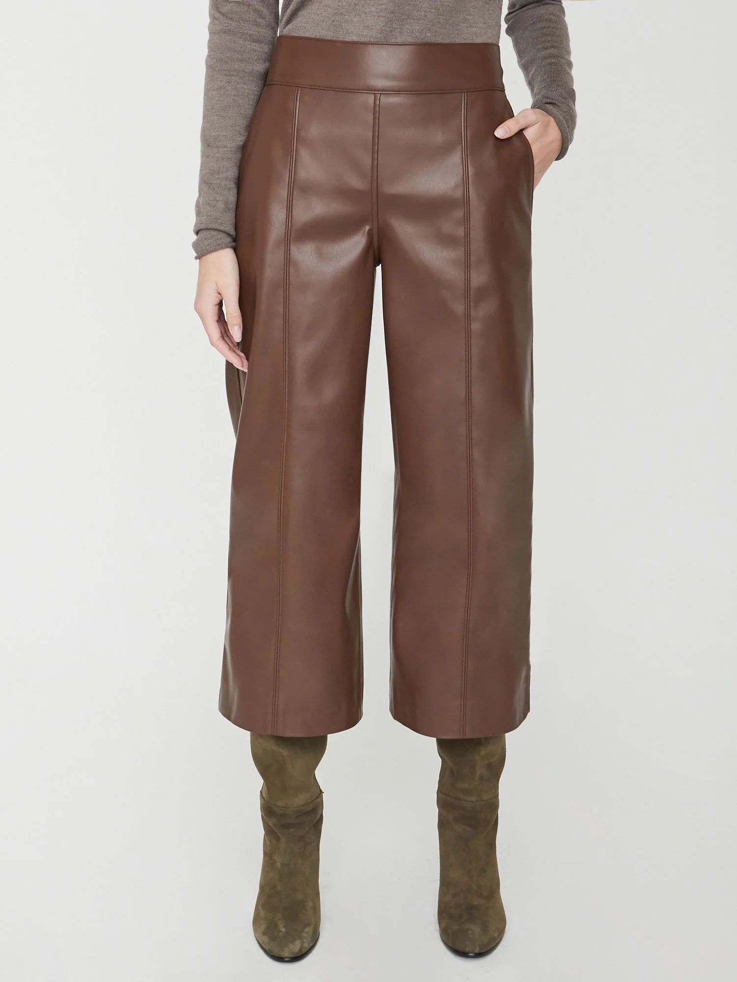 Vegan Leather Cropped Pants, Brown, Wide Leg, Women's | Brochu Walker