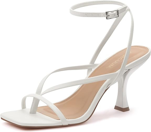 Carcuume Womens Kitten Heels Square Toe Thong Strappy Ankle Strap Stiletto Heel Sandals | Amazon (US)