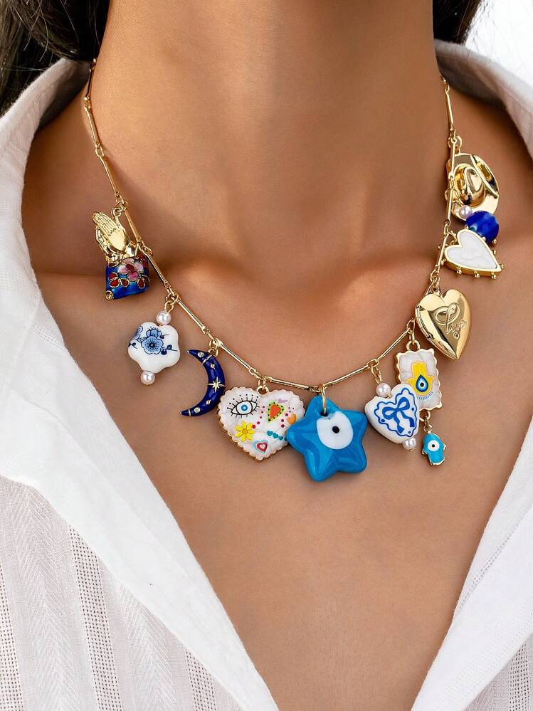 1pc Evil Eye Glass Beads Heart Locket Charm Necklace, Multi Charms Necklaces Jewelry For Women, Star Moon Hearts Multiple Charms Necklace (Handmade, Shape And Color Have Randomness) Valentines,Mom,Mother,Mother's Day,Gift | SHEIN