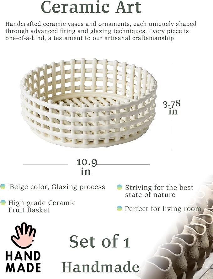 Large Beige Circular Glazed Ceramic Fruit Basket Bowl, 10.9x3.78in Big Modern Table Decor Handmad... | Amazon (US)