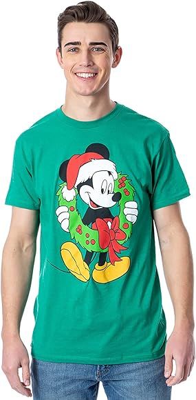 Disney Men's Mickey Mouse Santa Hat Holiday Wreath T-Shirt | Amazon (US)