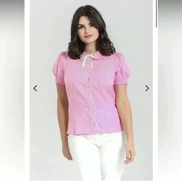 Hell Bunny Calliste Blouse In Pink Small Workwear Retro Button Up Blouse Small | Poshmark