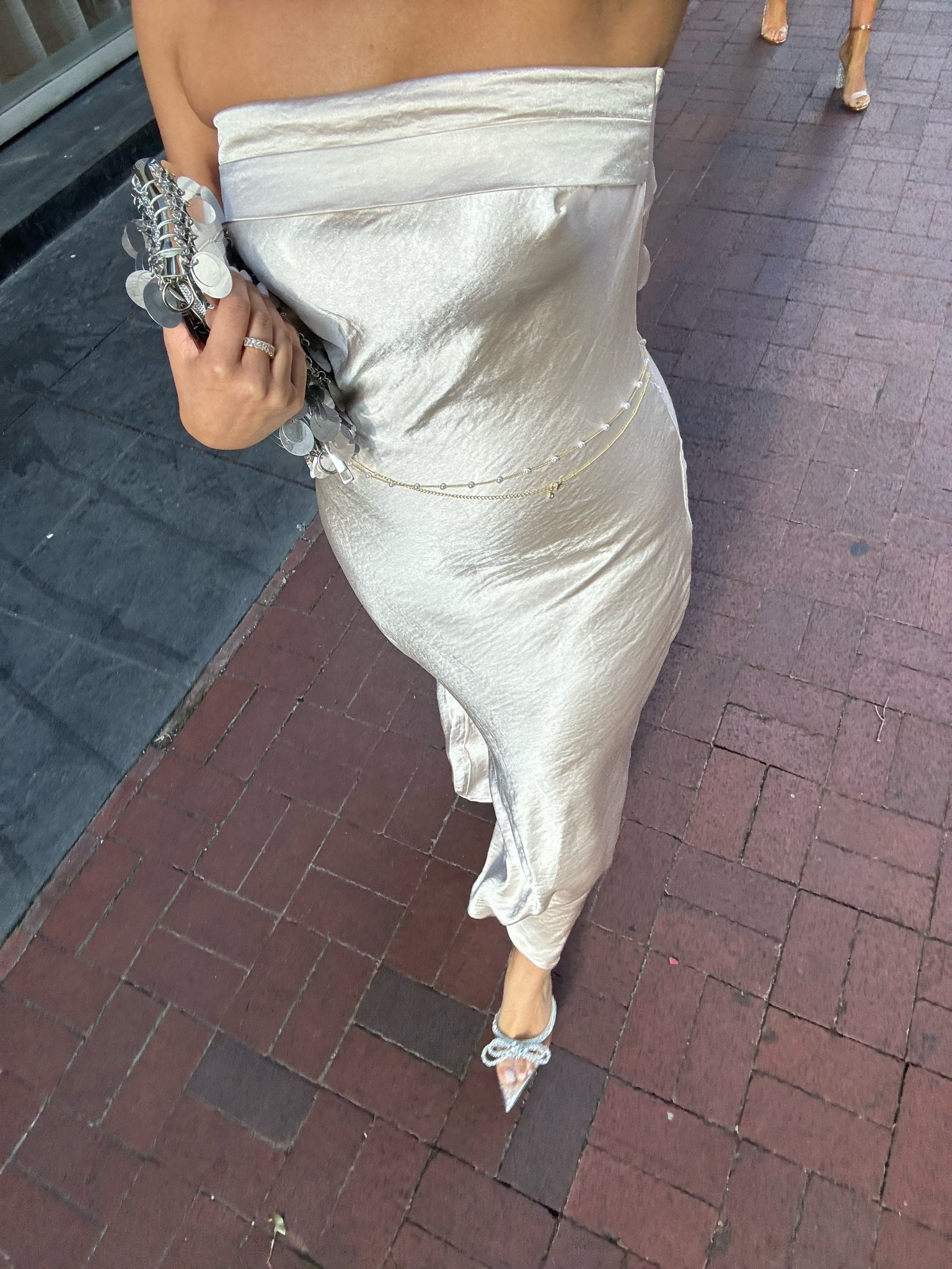 Frosted glam outfit idea 
Strapless satin dress: medium 
Clear bow heels: 6.5 
Sequin clutch

#LTKStyleTip #LTKCon #LTKFindsUnder100