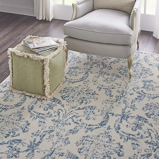 Nourison Jubilant Damask Ivory/Blue 7' x 10' Area -Rug, Easy -Cleaning, Non Shedding, Bed Room, L... | Amazon (US)