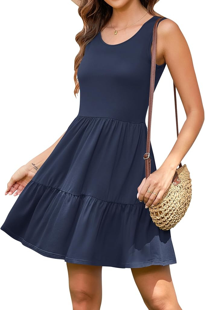 AUSELILY Womens Summer Dress Casual Sleeveless Crewneck T Shirt Sundress Flowy Tiered Swing Mini ... | Amazon (US)
