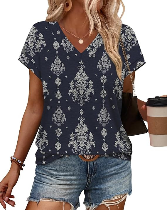 Womens T Shirts V Neck Cap Sleeve Summer Tops Basic Women Blouses Beach Vacation Spring Clothes | Amazon (US)