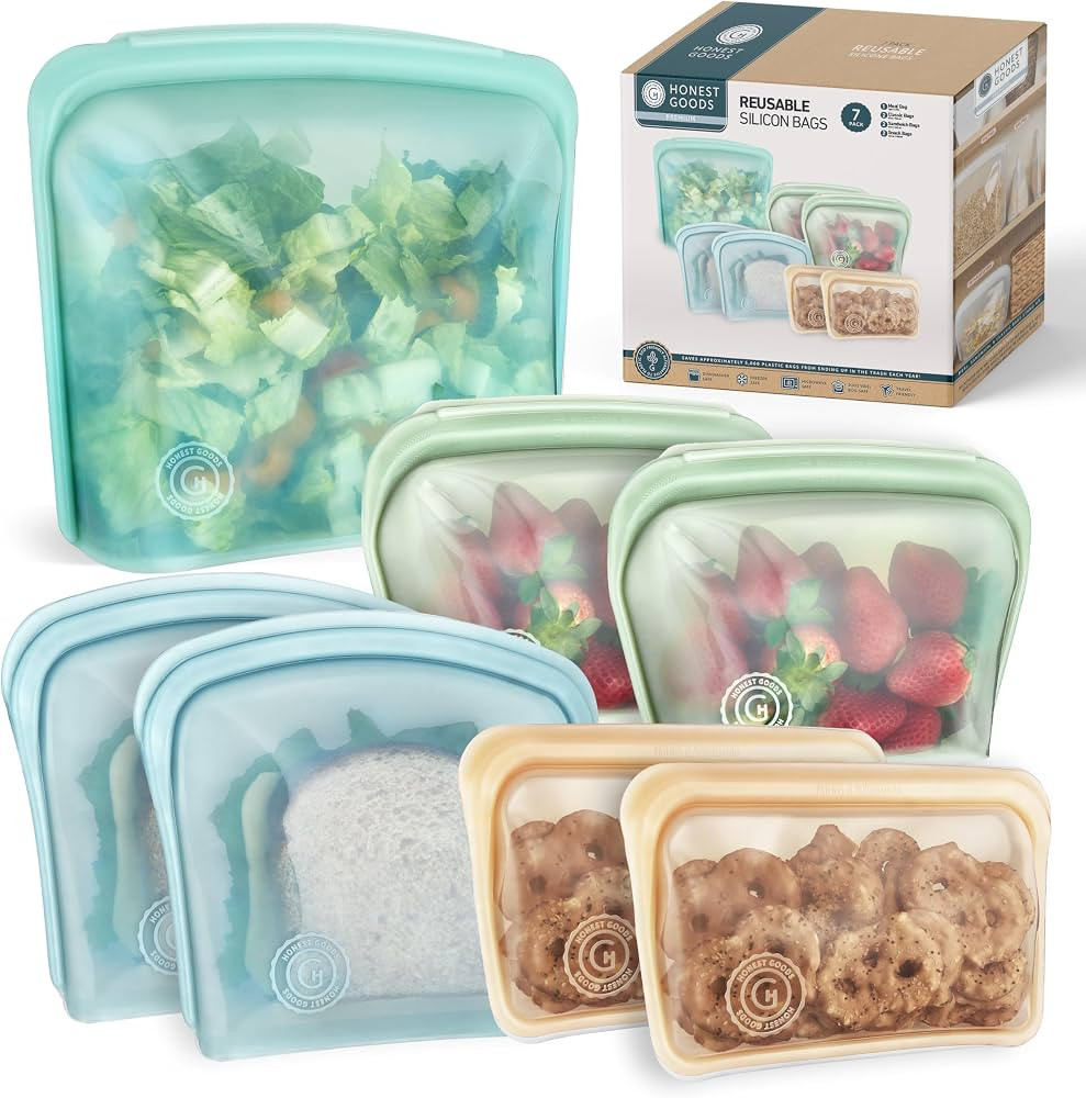 Silicone Food Grade Reusable Storage Bag, 7 Pack, Meal Prep, Snacks, Kid Food, Airtight Leak-Proo... | Amazon (US)