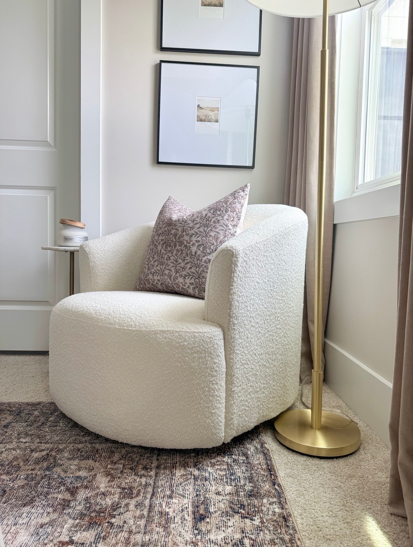 Cozy corner, boucle accent chairs, corner ideas, corner chair, swivel chair, swivel accent, moody rug, lamp, pottery barn inspiration, Walmart home finds

#LTKmomlife #LTKHome