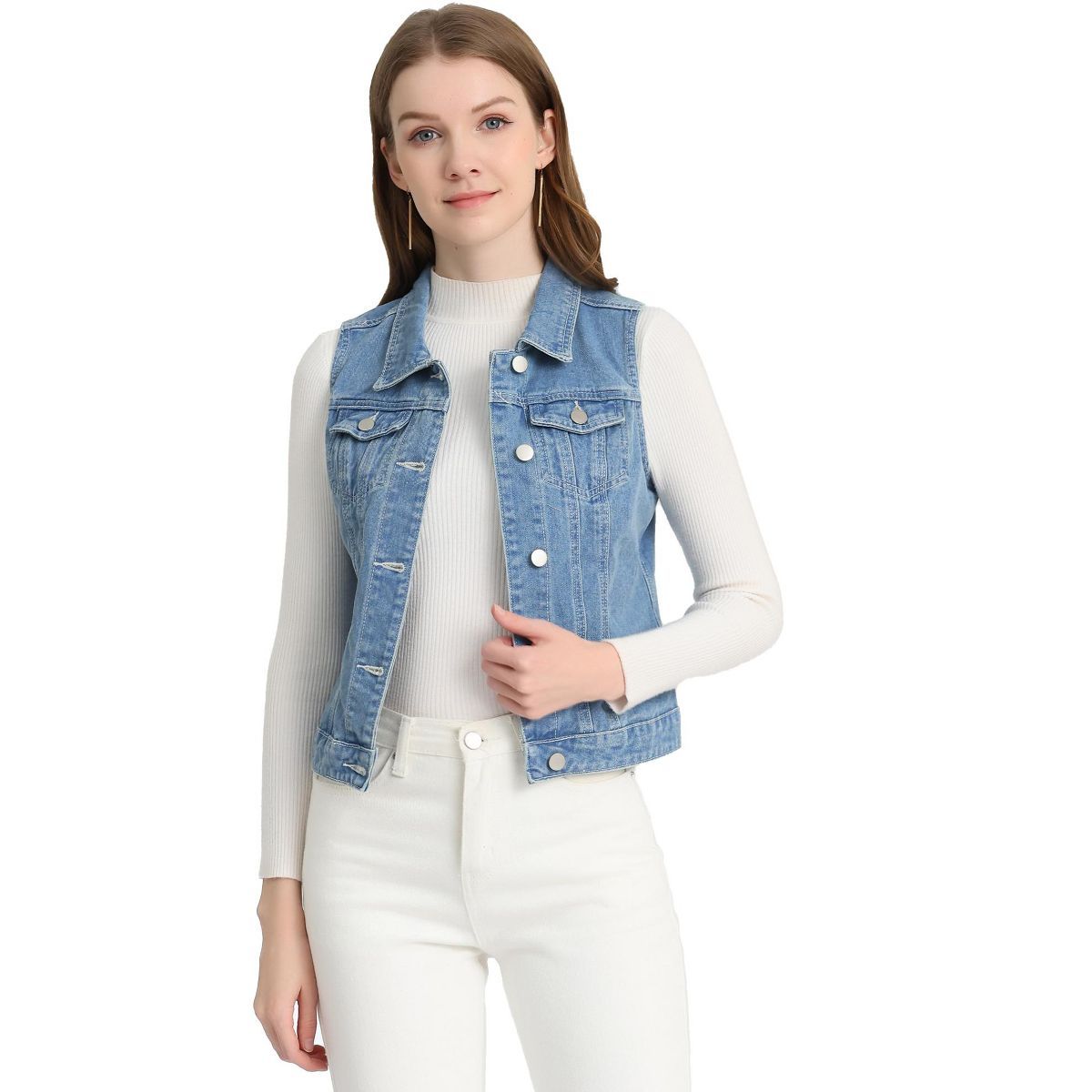 Allegra K Women's Buttoned Washed Denim Vest with Faux Chest Flap Pockets | Target