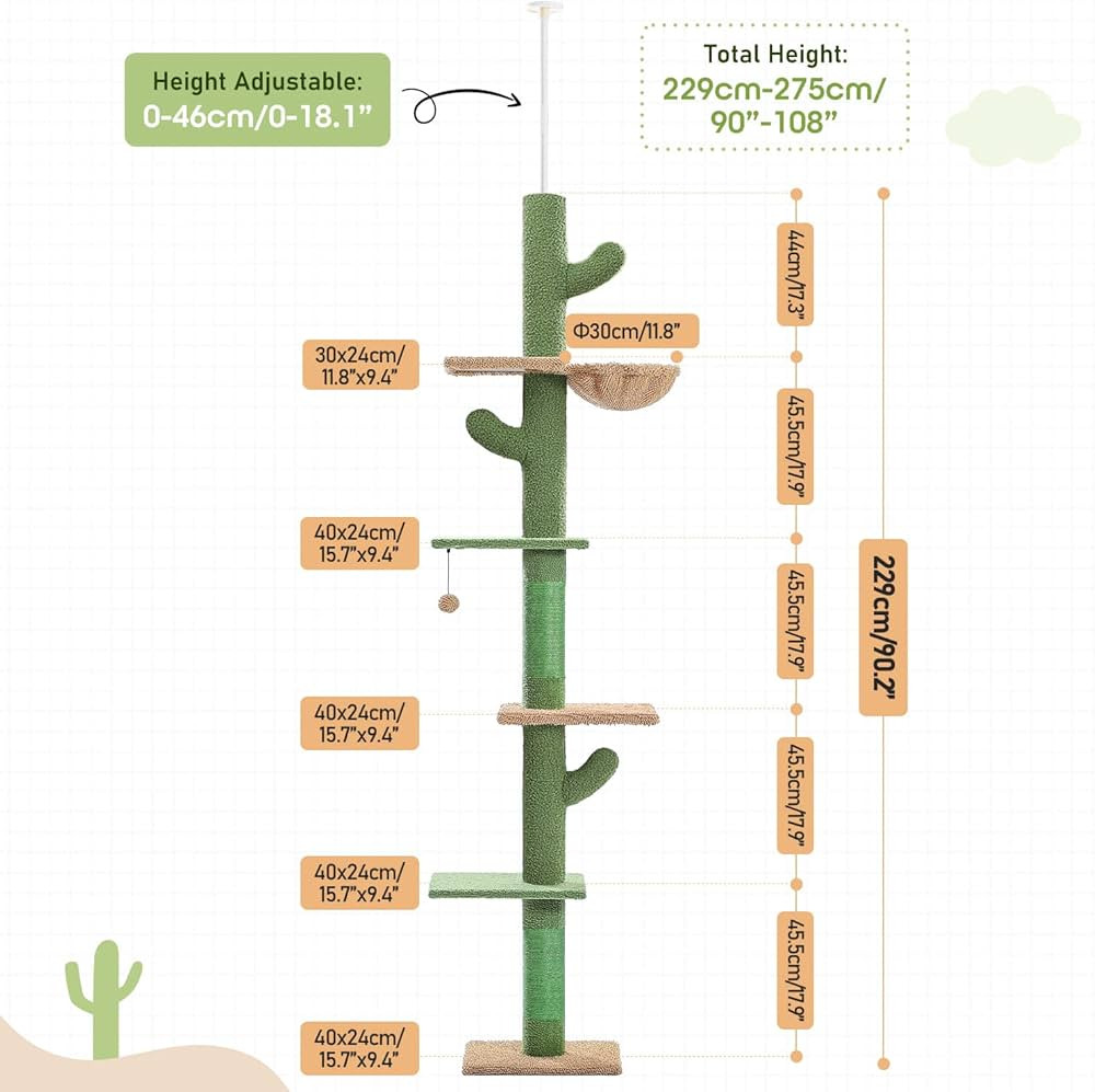 PAWZ Road Cat Tree, Cactus Floor to Ceiling Cat Tower with Adjustable Height(95-108 Inches), 5 Le... | Amazon (US)